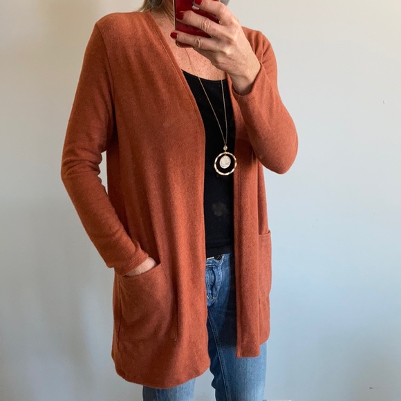 Rust Color Brushed Hacci Open Cardigan - Picture 3 of 7
